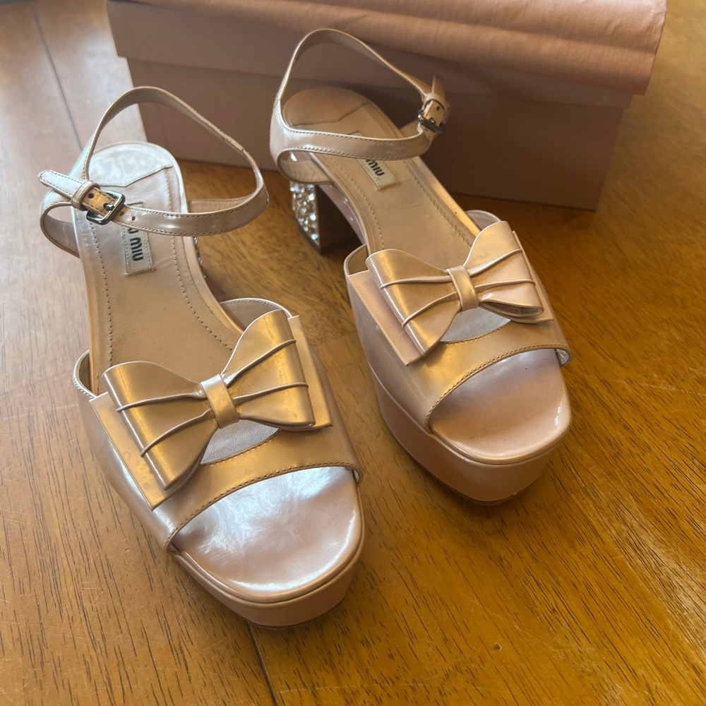 Miu Miu Pink Platform Sandals Block Heel Crystals… - image 8